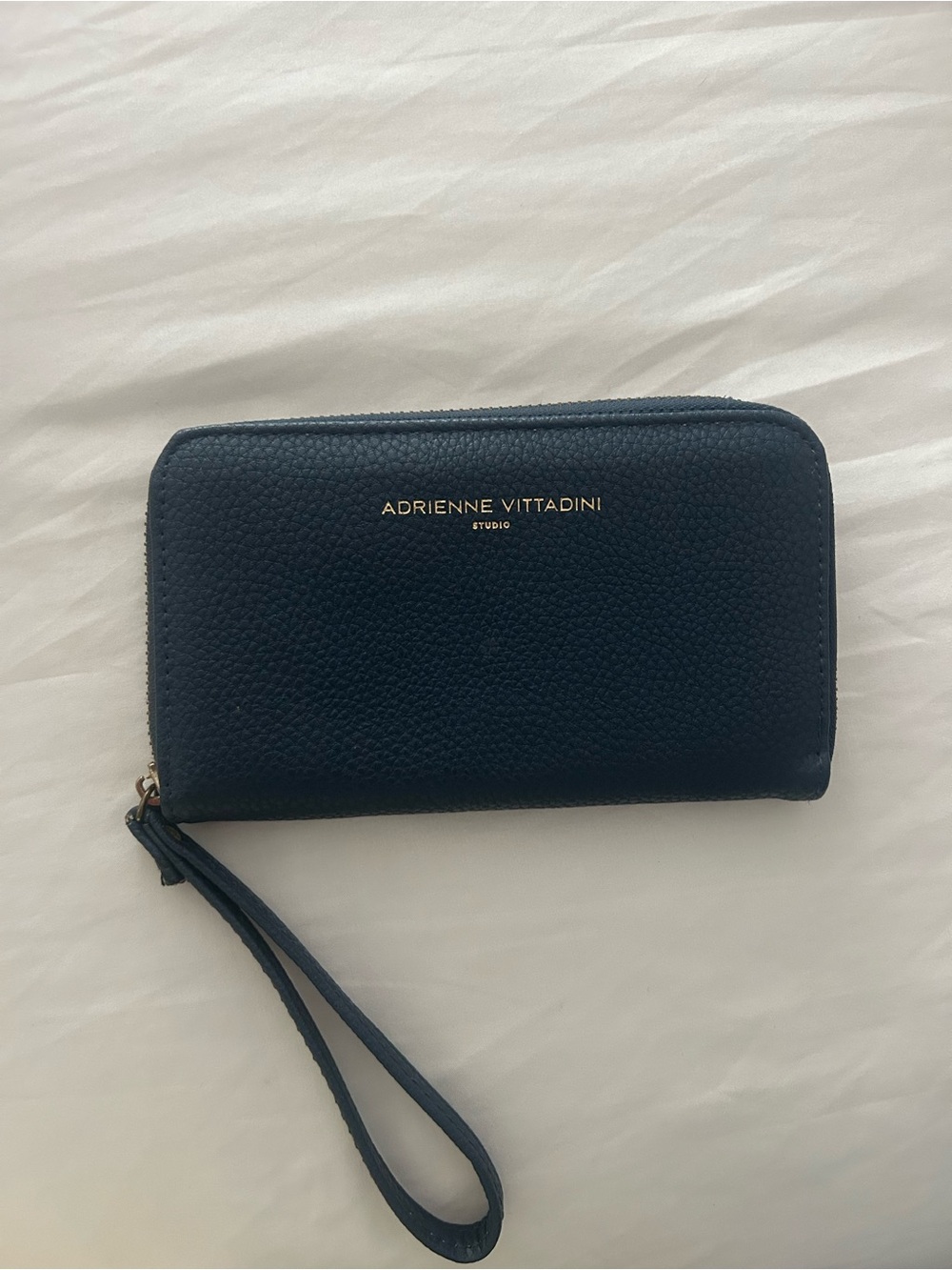 Adrienne Vittadini Pebbled Navy Zip Wristlet Wallet with Gold Logo